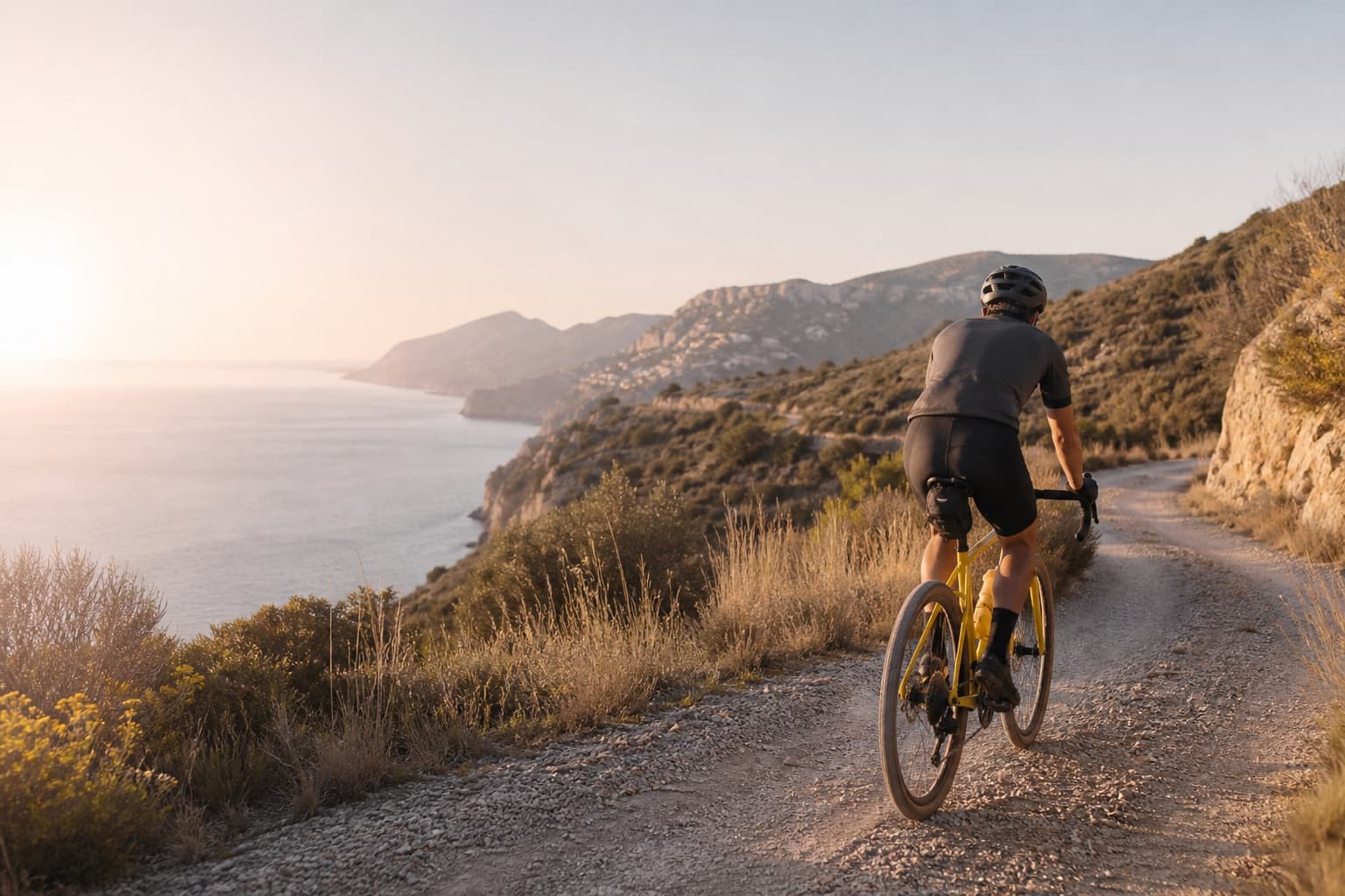 Cyclist riding a yellow gravel bike along a Mediterranean coastal road
