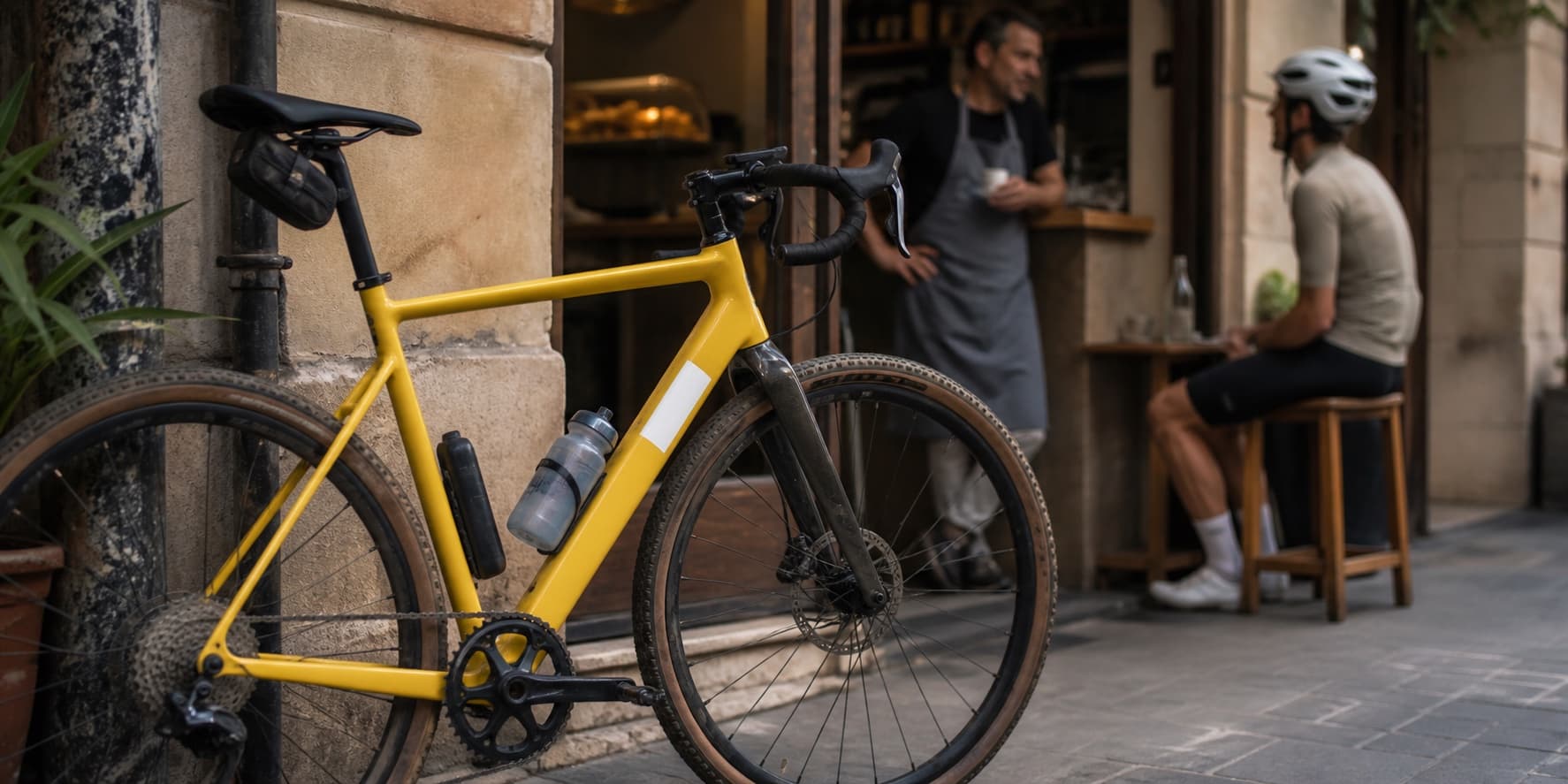 Yellow gravel bike outside a local cafe