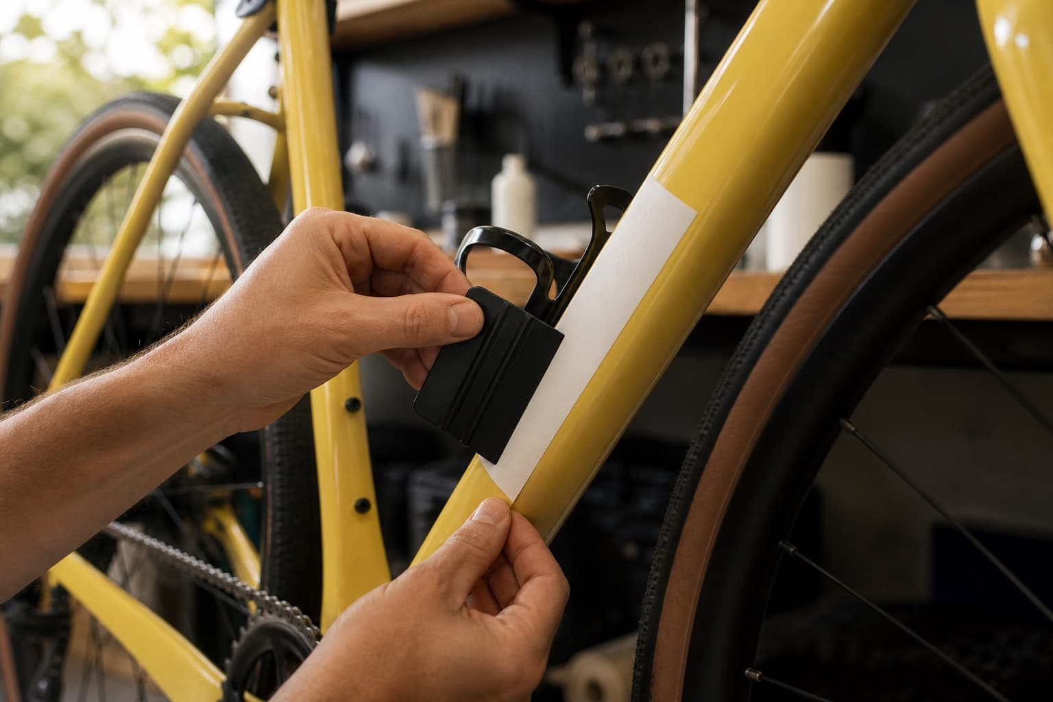 Installing a sponsor sticker on a yellow bike frame